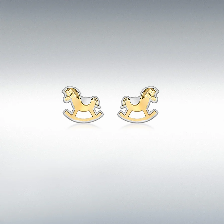 9CT 2-COLOUR GOLD 6MM X 5MM ROCKING HORSE STUD EARRINGS