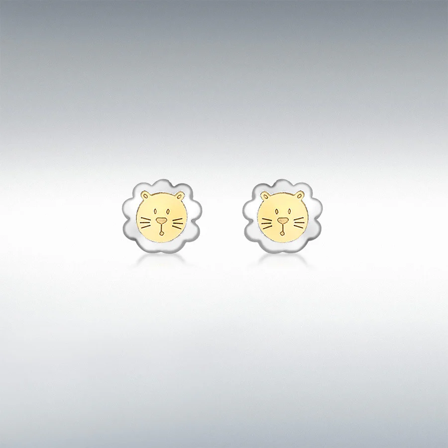 9CT 2-COLOUR GOLD 6MM X 6MM LION-FACE STUD EARRINGS