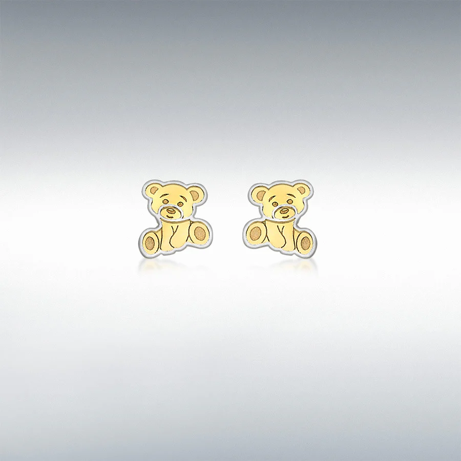 9CT 2-COLOUR GOLD 6MM X 7MM SITTING-TEDDY-BEAR STUD EARRINGS