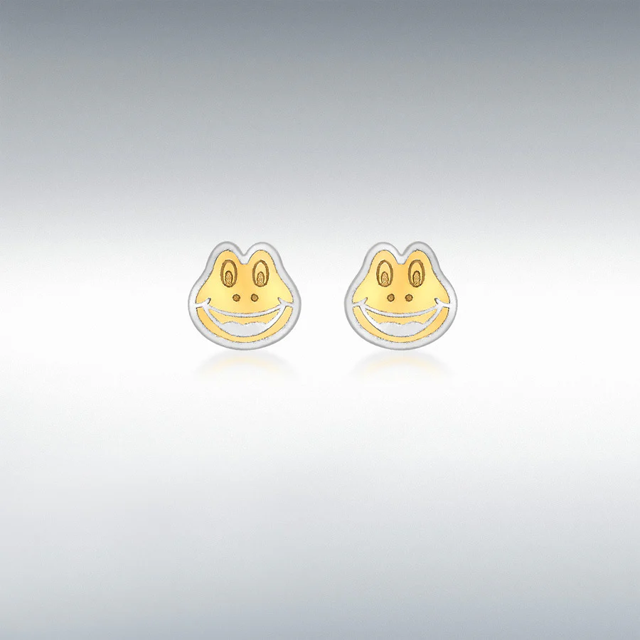 9CT 2-COLOUR GOLD 7MM X 6MM FROG-FACE STUD EARRINGS