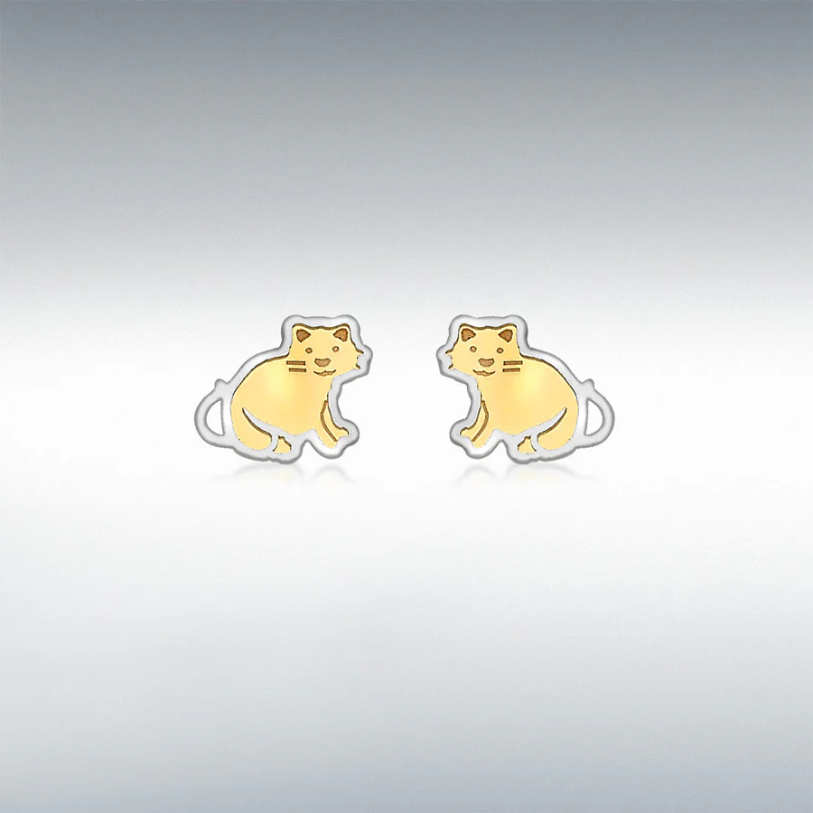 9CT 2-COLOUR GOLD 7MM X 7MM SITTING-CAT STUD EARRINGS