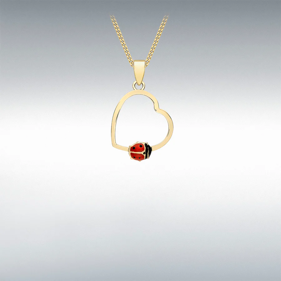 9CT YELLOW GOLD 11.6MM X 19.2MM OPEN-HEART AND LADYBIRD PENDANT WITH CHAIN